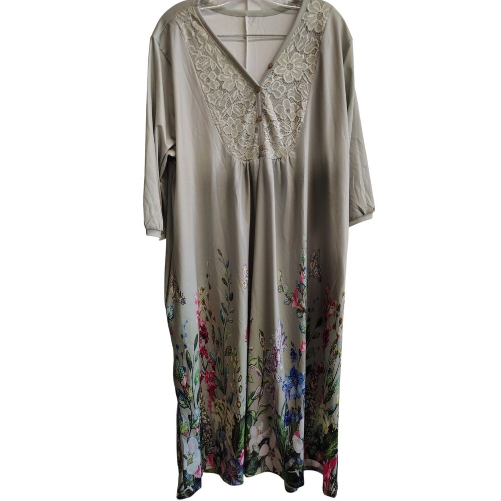 Women's Floral Print Half Sleeve V-neck Lace Contrast Buttons Midi Dress‎